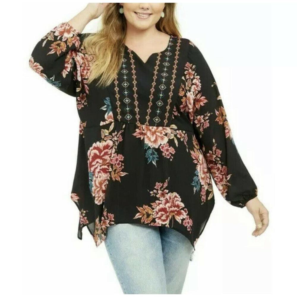 New Style & Co Womans 12 0X Blouse Floral Print Embroidered Split Neck Black NWT